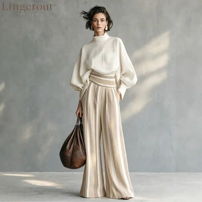 High-Neck Balloon Sleeve Blouse & Wide-Leg Striped Pants Set