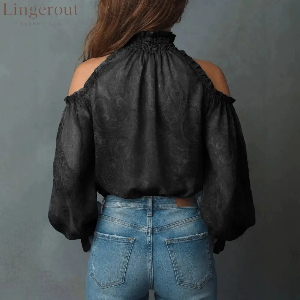 High Neck Ruffle Trim Long Sleeve Chiffon Top