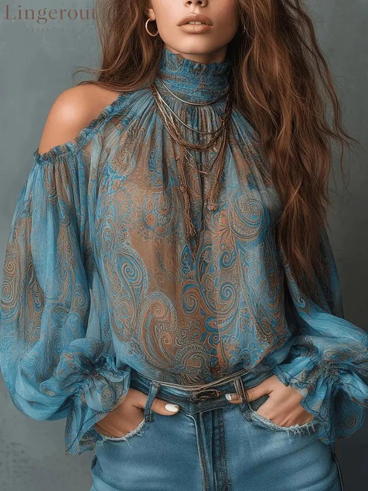 High Neck Ruffle Trim Long Sleeve Chiffon Top - Malachite green / S