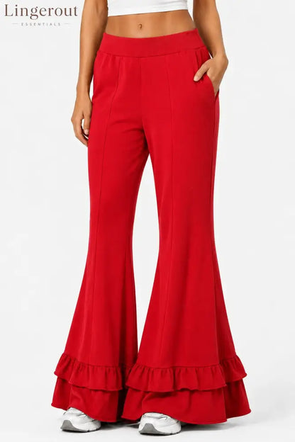 High Waist Front Seam Double Ruffle Hem Flare Knit Pants
