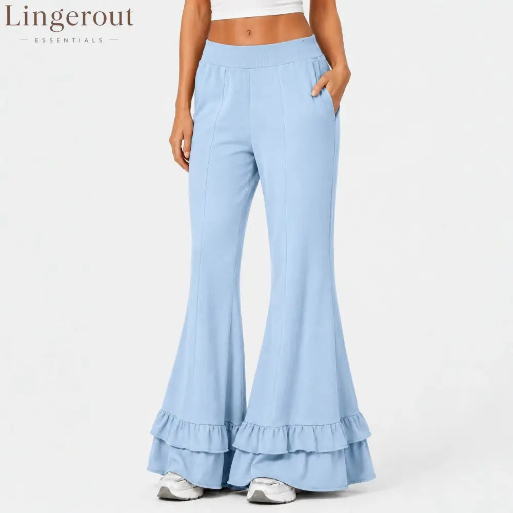 High Waist Front Seam Double Ruffle Hem Flare Knit Pants
