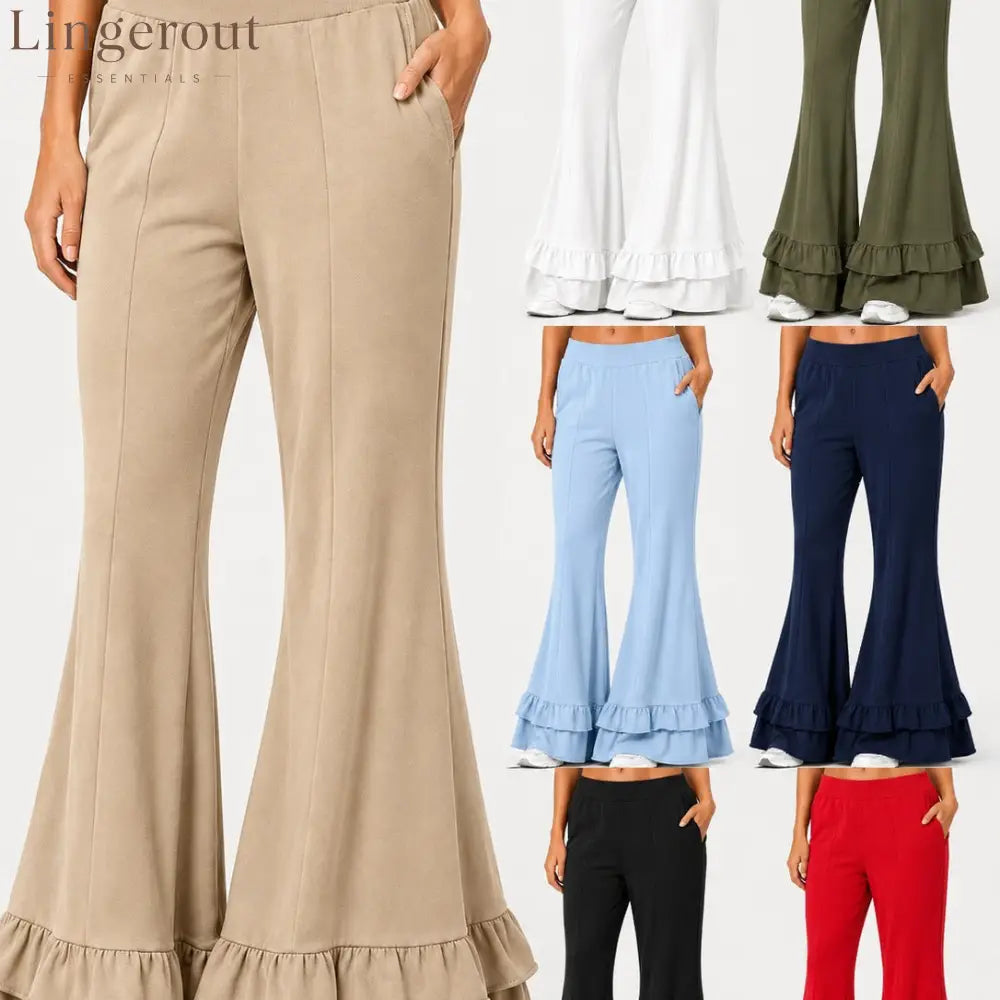 High Waist Front Seam Double Ruffle Hem Flare Knit Pants