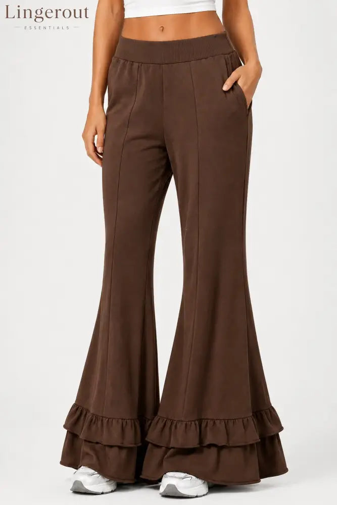 High Waist Front Seam Double Ruffle Hem Flare Knit Pants - Dark brown / S