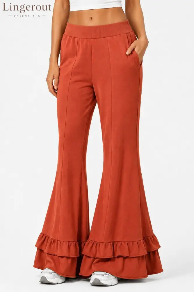 High Waist Front Seam Double Ruffle Hem Flare Knit Pants - Orange red / S