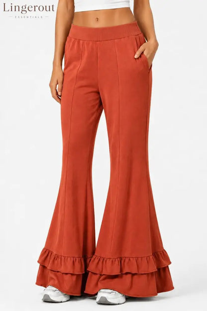High Waist Front Seam Double Ruffle Hem Flare Knit Pants - Orange red / S