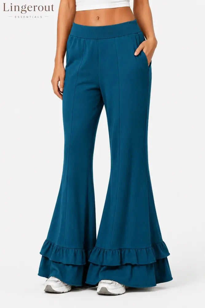 High Waist Front Seam Double Ruffle Hem Flare Knit Pants - Peacock blue / S
