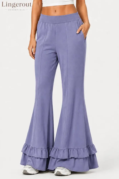 High Waist Front Seam Double Ruffle Hem Flare Knit Pants - Violet / S