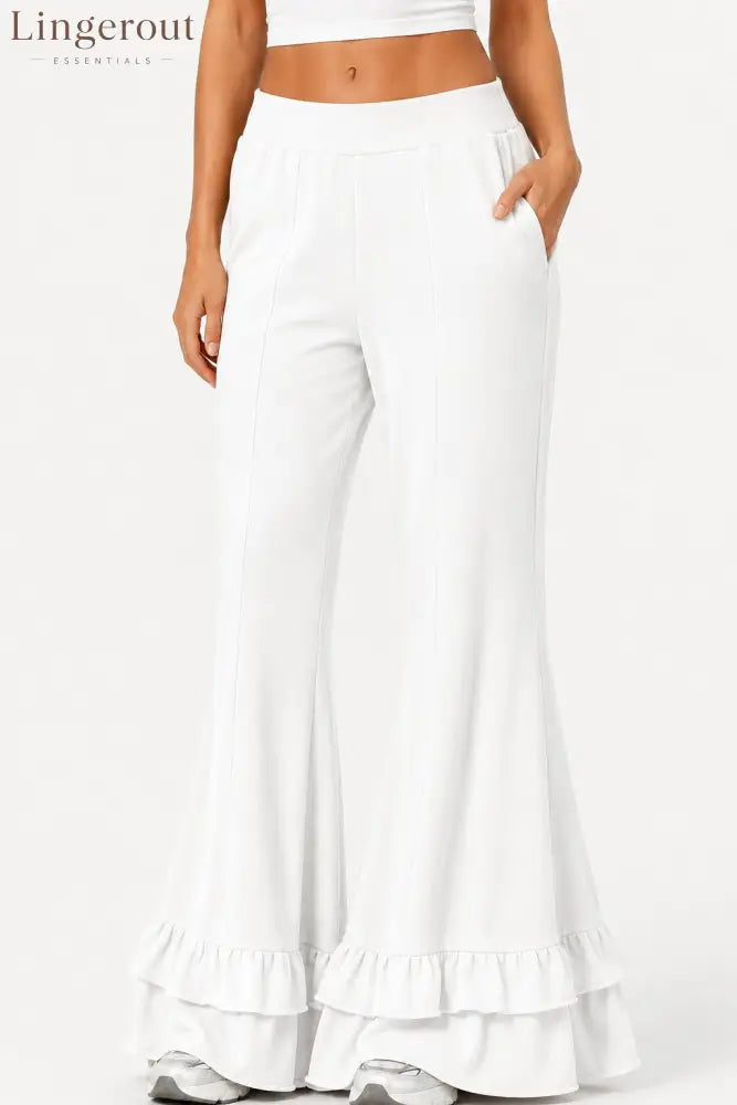 High Waist Front Seam Double Ruffle Hem Flare Knit Pants - White / S