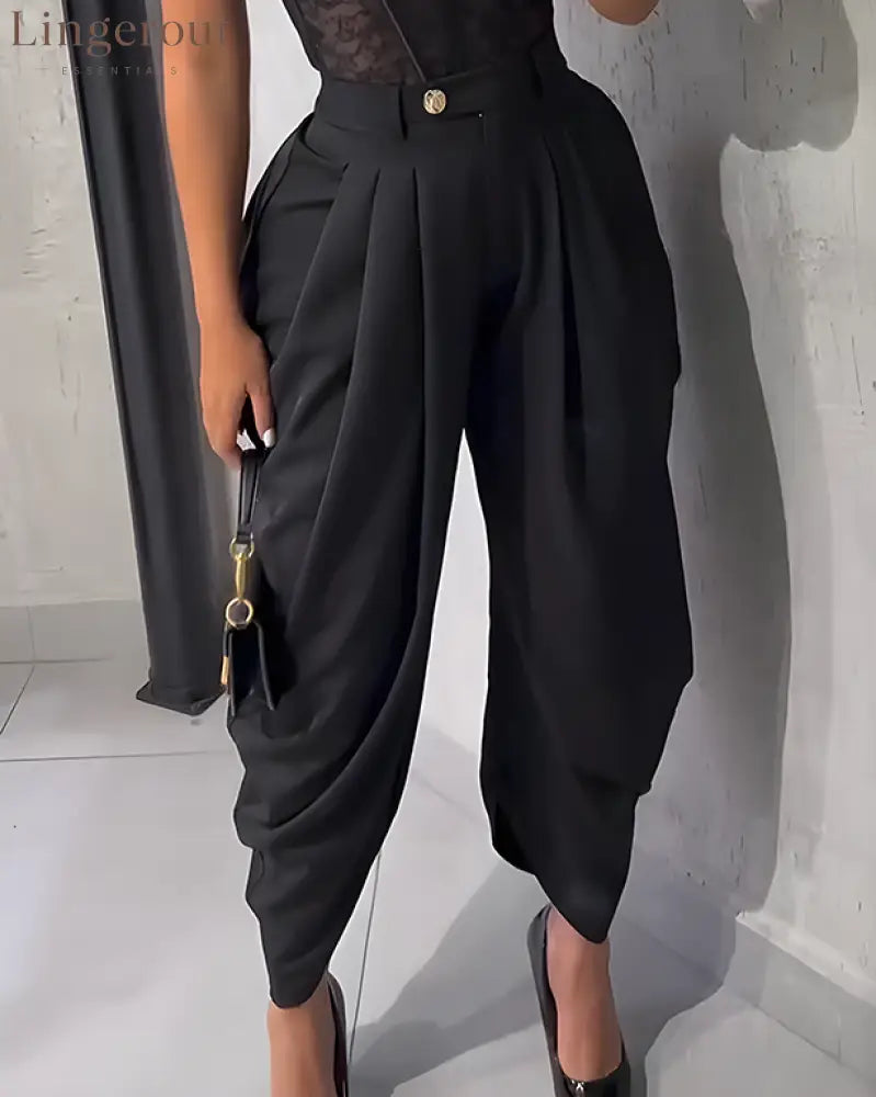 High Waist Loose Ruched Irregular Casual Pants - Black / S
