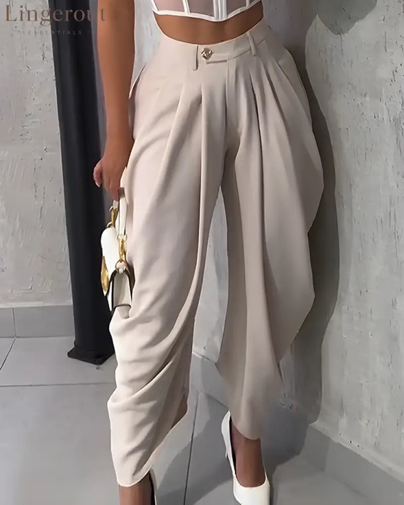 High Waist Loose Ruched Irregular Casual Pants - White / S