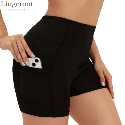 High-waist side-pocket yoga shorts stretchable tummy-reducing sports shorts