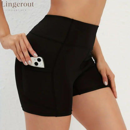 High-waist side-pocket yoga shorts stretchable tummy-reducing sports shorts