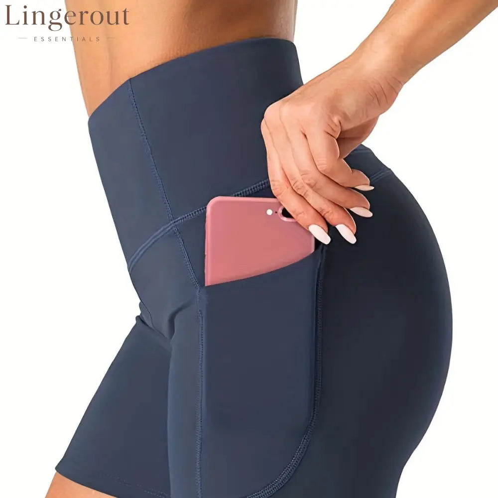 High-waist side-pocket yoga shorts stretchable tummy-reducing sports shorts