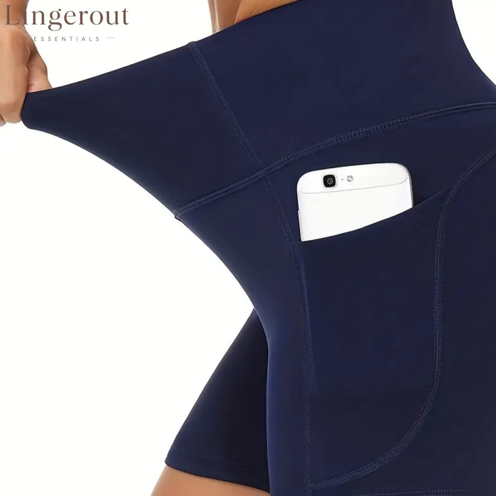 High-waist side-pocket yoga shorts stretchable tummy-reducing sports shorts