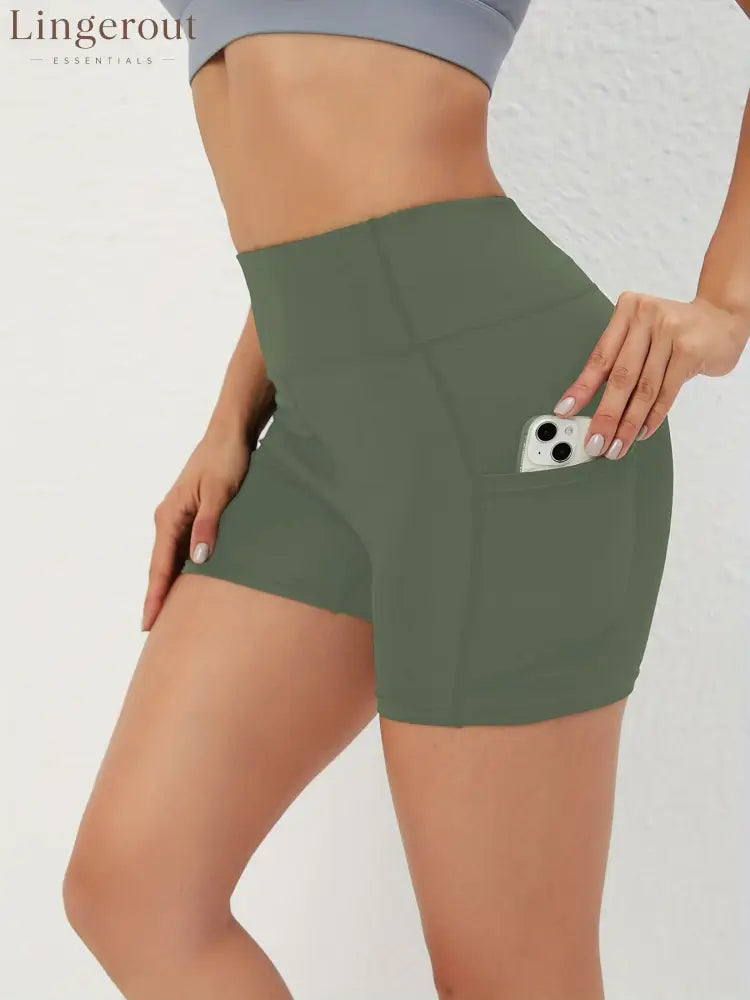 High-waist side-pocket yoga shorts stretchable tummy-reducing sports shorts - Army green / S