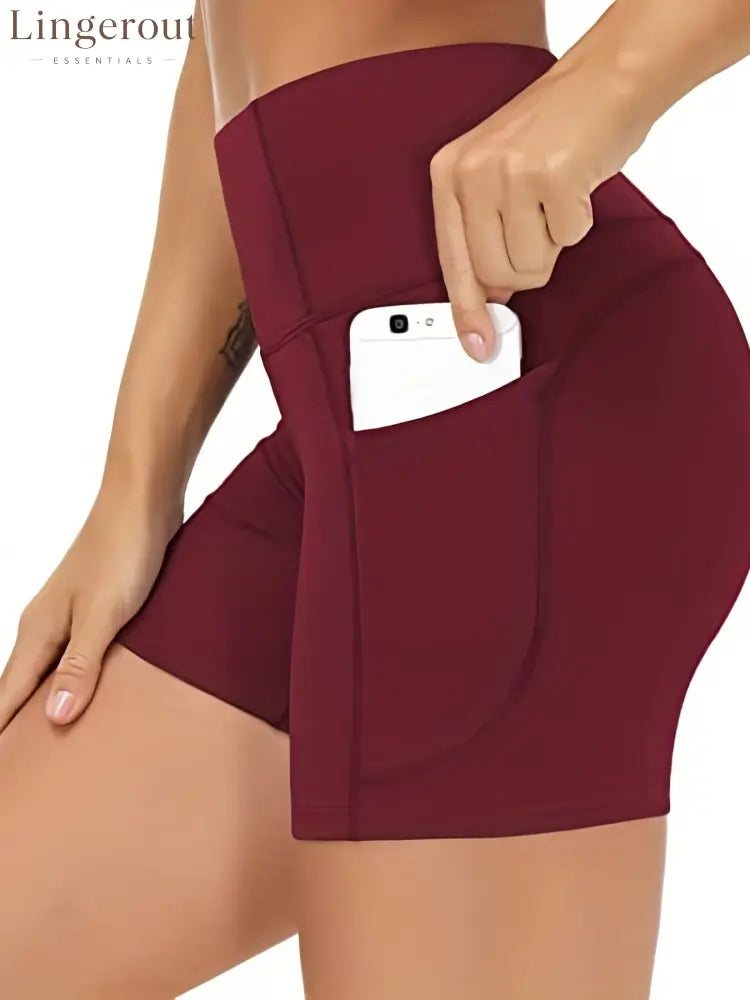 High-waist side-pocket yoga shorts stretchable tummy-reducing sports shorts - Wine red / S