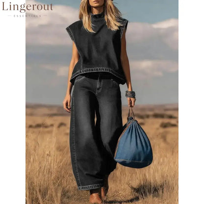 High Waist Wide Leg Jeans Two-Piece Set - Black / S