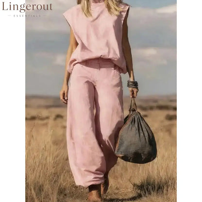 High Waist Wide Leg Jeans Two-Piece Set - Pink / S