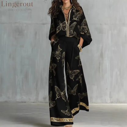 High Waist Wide Leg Pants Two Piece Set Luxury Satin Elegant Vacation Matching Outfit - Black / S