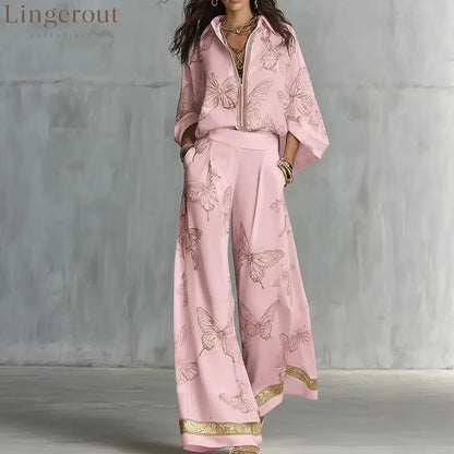 High Waist Wide Leg Pants Two Piece Set Luxury Satin Elegant Vacation Matching Outfit - Pink / S