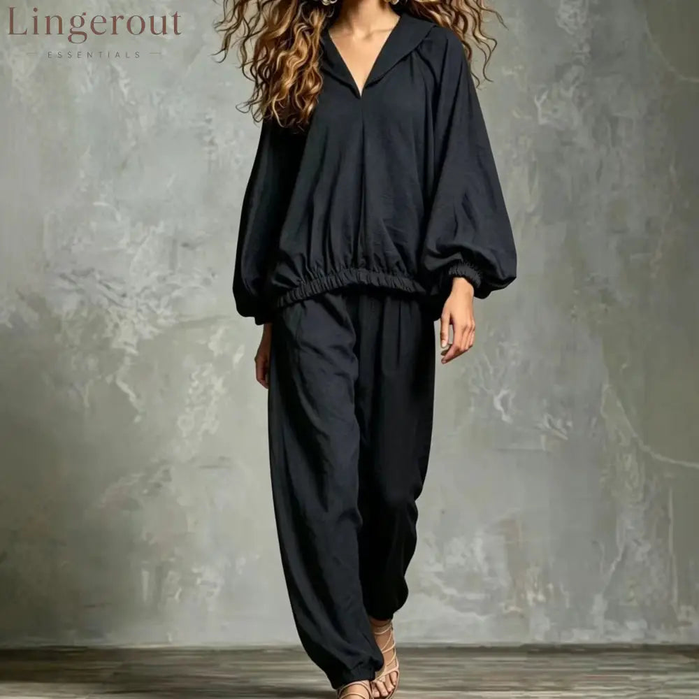 Hood V Neck Linen Blend Matching Two Piece Set