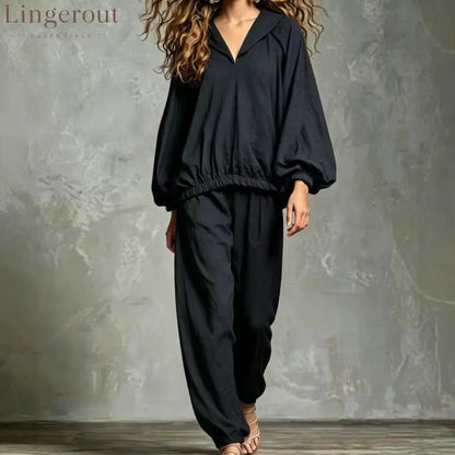 Hood V Neck Linen Blend Matching Two Piece Set