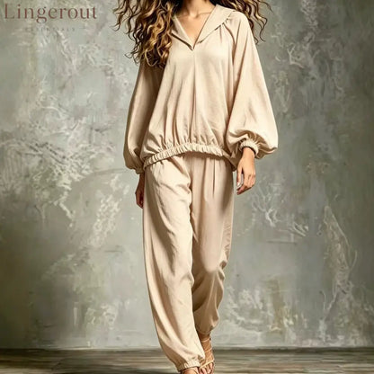 Hood V Neck Linen Blend Matching Two Piece Set