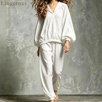 Hood V Neck Linen Blend Matching Two Piece Set