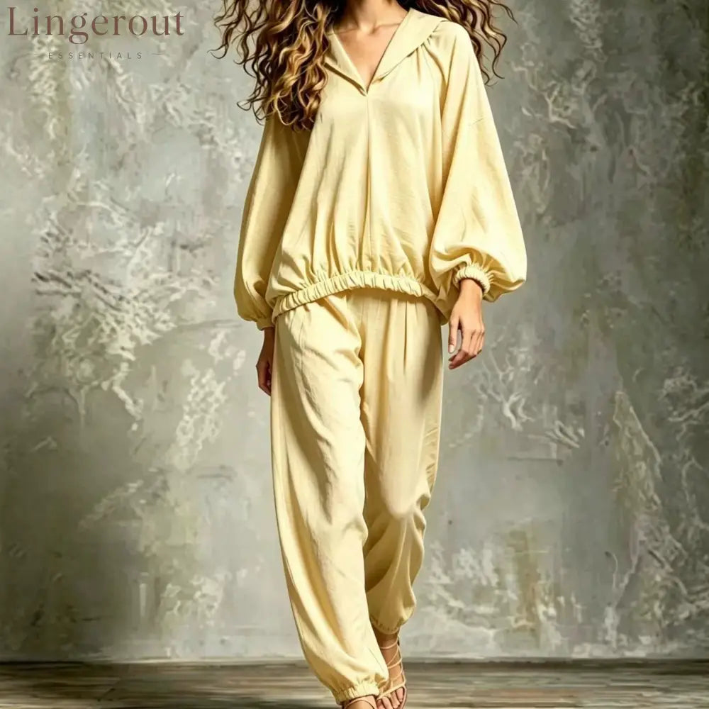Hood V Neck Linen Blend Matching Two Piece Set
