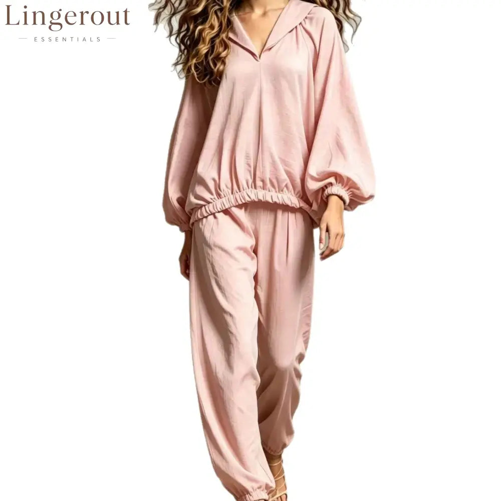 Hood V Neck Linen Blend Matching Two Piece Set