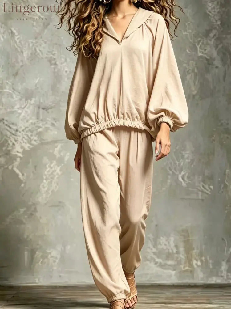 Hood V Neck Linen Blend Matching Two Piece Set - Apricot / S
