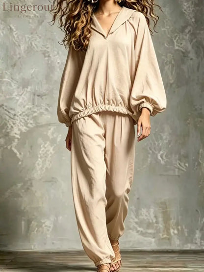 Hood V Neck Linen Blend Matching Two Piece Set - Apricot / S