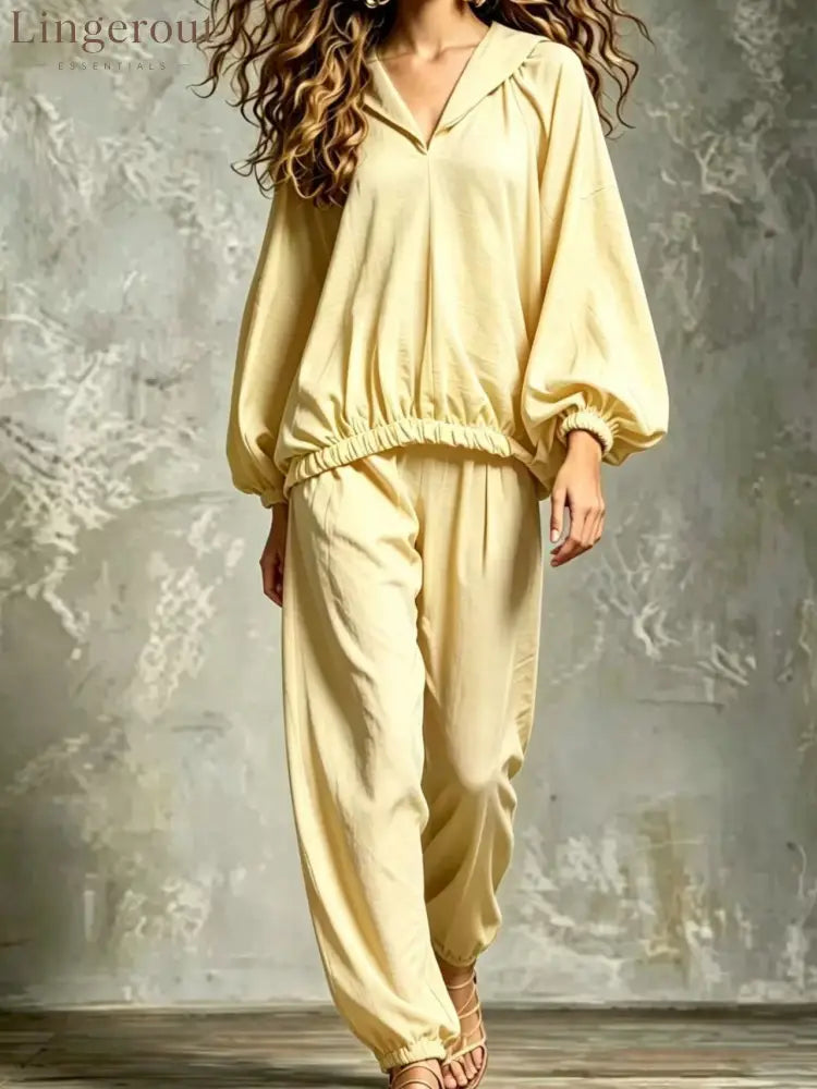 Hood V Neck Linen Blend Matching Two Piece Set - Light yellow / S