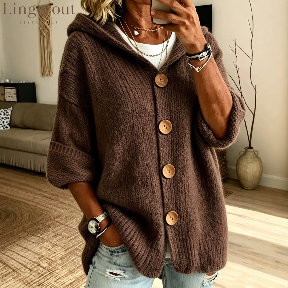 Hooded Button Front Chunky Knit Cardigan - Brown / S
