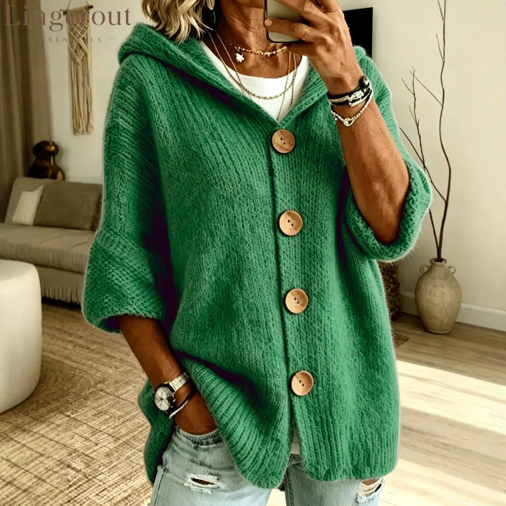Hooded Button Front Chunky Knit Cardigan - Green / S