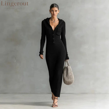 Hooded Ribbed Knit Maxi Dress