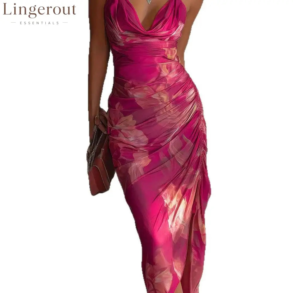 Hot Pink Floral Ruched Halter Midi Dress