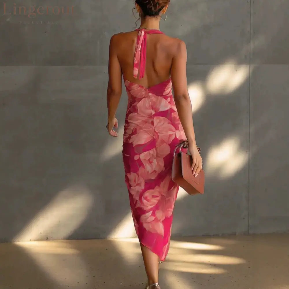 Hot Pink Floral Ruched Halter Midi Dress