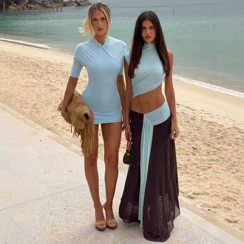 Ice Blue & Brown Ruched Two-Piece Maxi Set