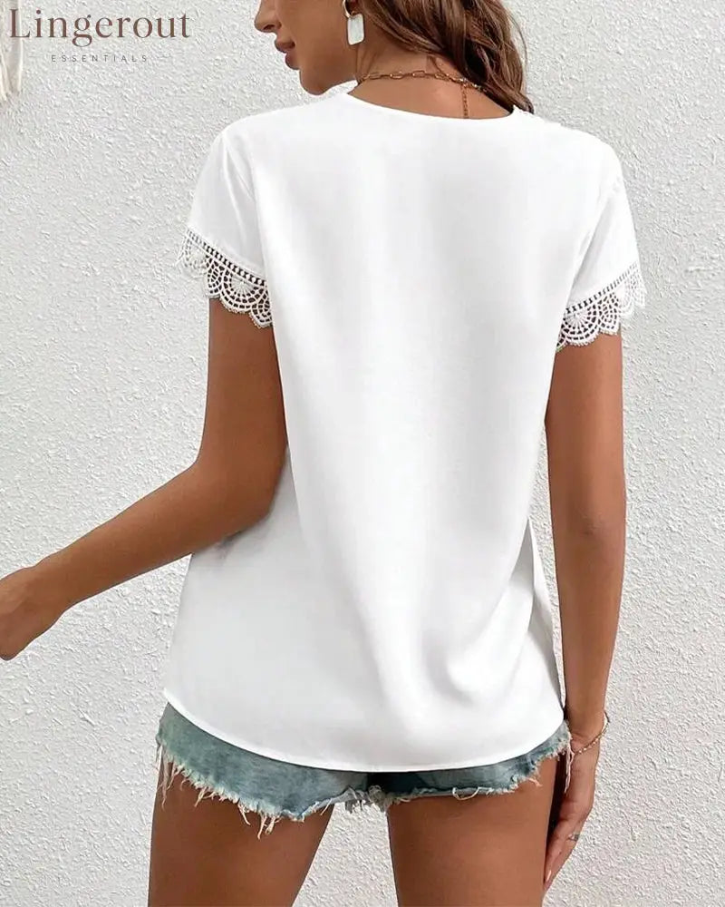 Lace Hollow Solid Color T-Shirt