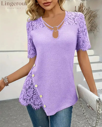 Lace Panel Knitted T-Shirt - Purple / S