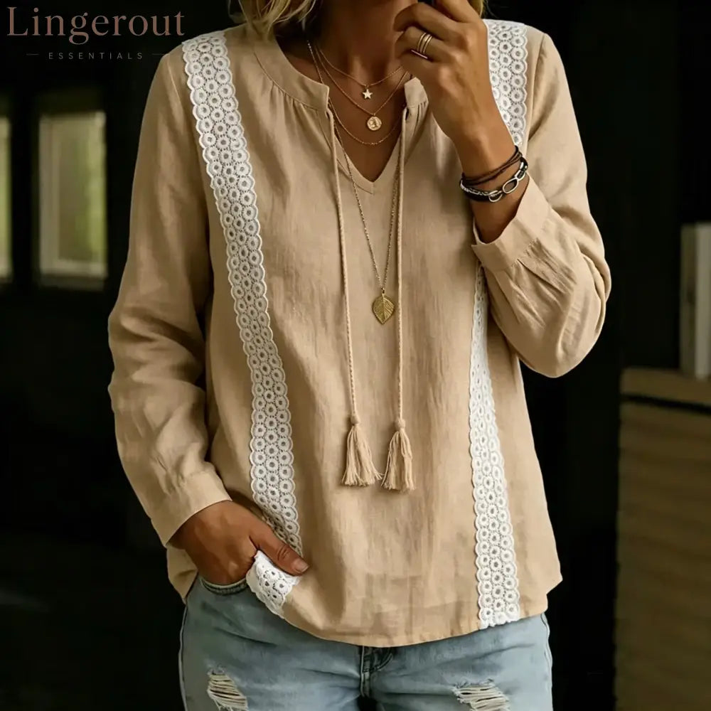 2026 Autumn New Amazon Temu Aliexpress European And American Cross-Border Lace Splicing Lace-Up Top Long Sleeves