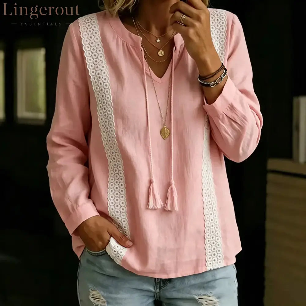 2026 Autumn New Amazon Temu Aliexpress European And American Cross-Border Lace Splicing Lace-Up Top Long Sleeves - Pink