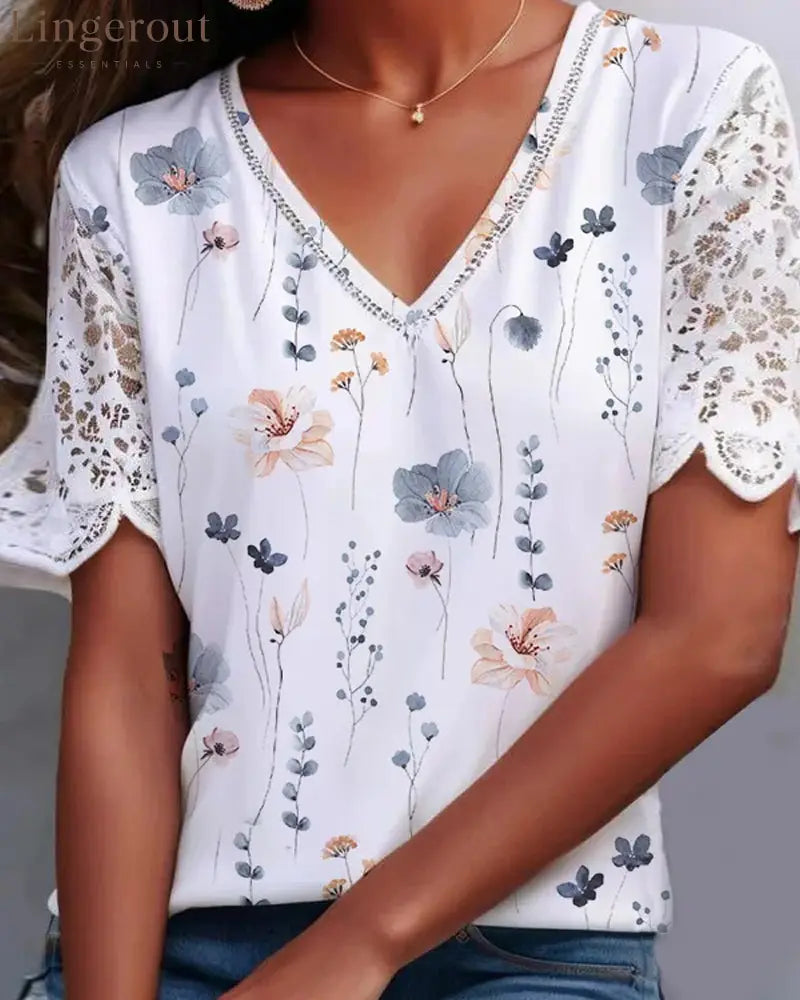 Lace-patched and printed blouse - White / S