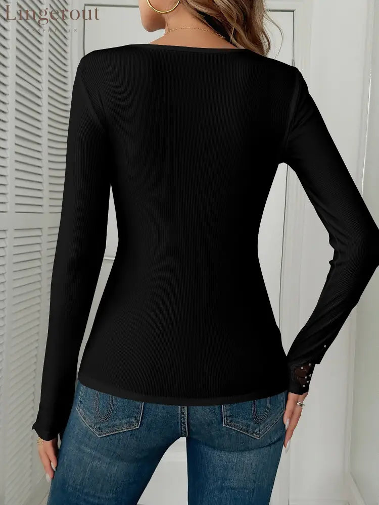 Lace Patchwork Rhinestone Decor Long Sleeves Top