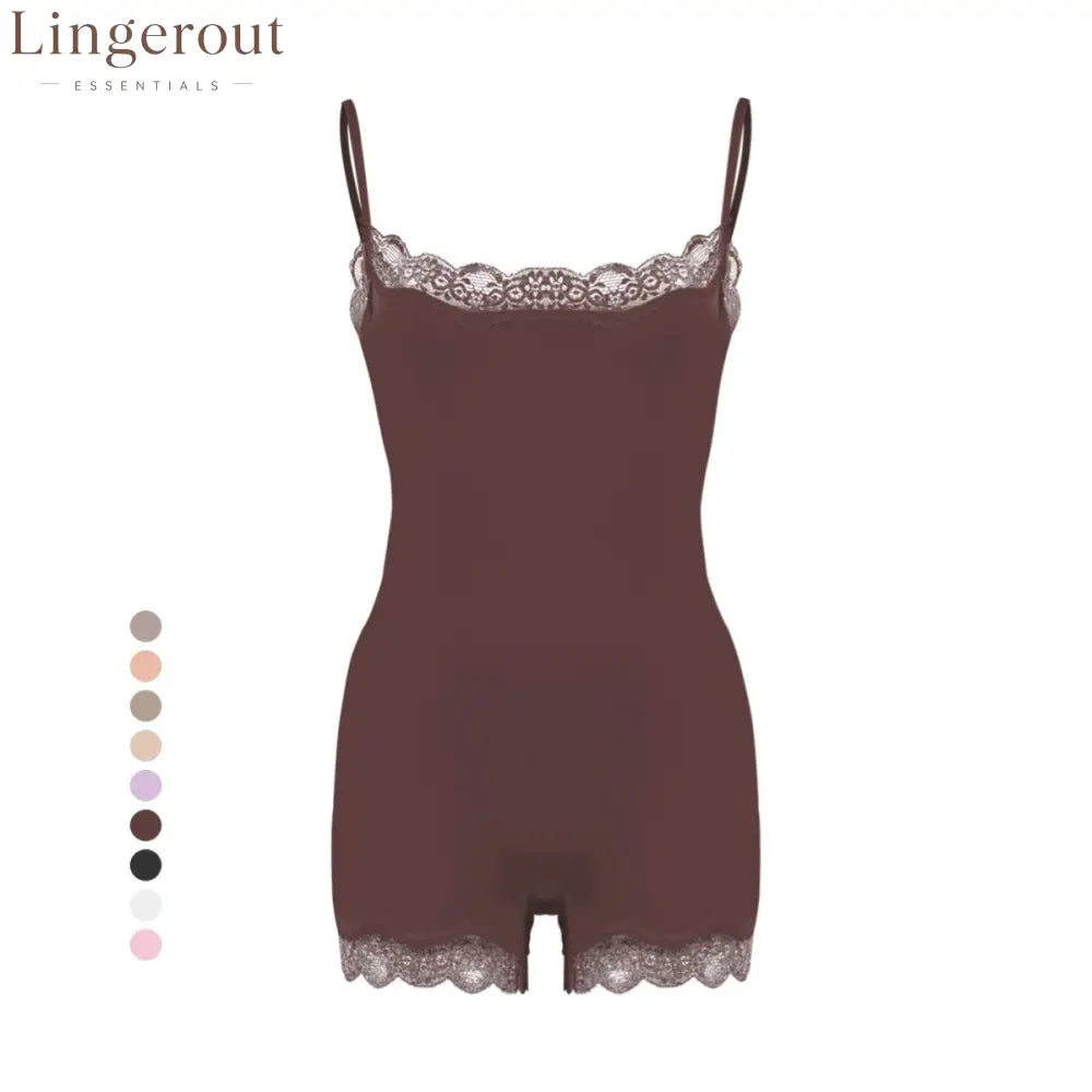 Lace Trim Adjustable Strap Seamless Shaping Bodysuit Short
