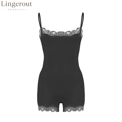 Lace Trim Adjustable Strap Seamless Shaping Bodysuit Short - Black/black / XS
