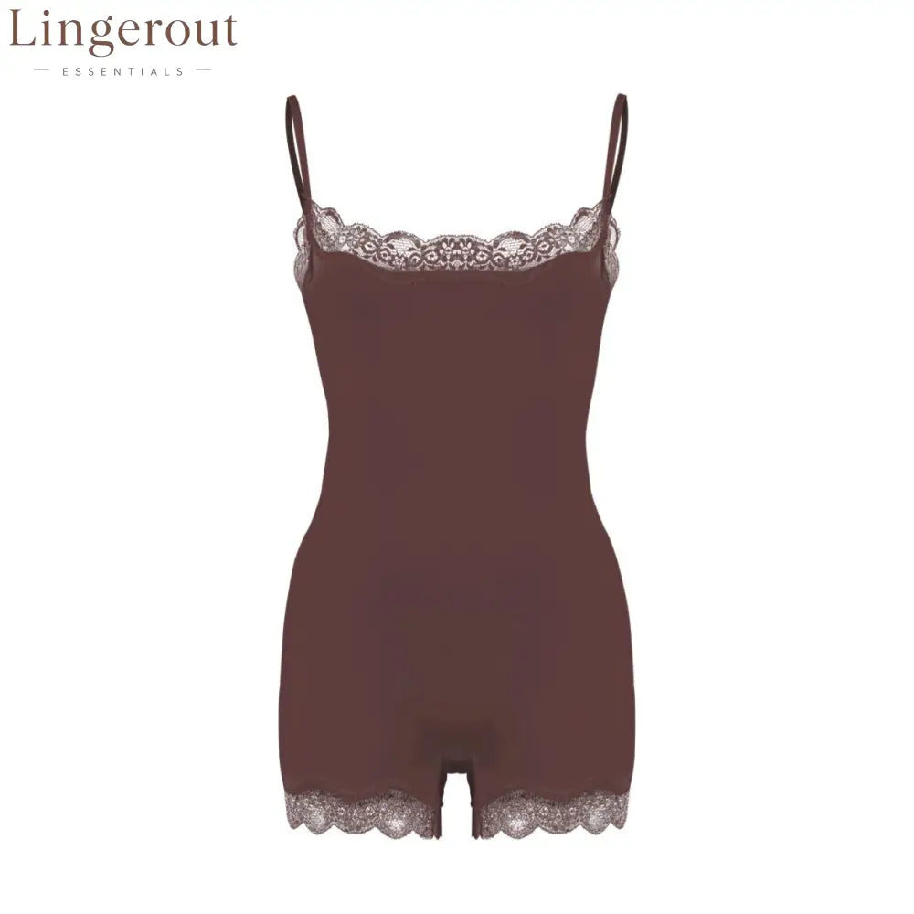 Lace Trim Adjustable Strap Seamless Shaping Bodysuit Short - Brown/coffee / XS
