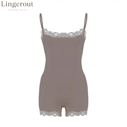 Lace Trim Adjustable Strap Seamless Shaping Bodysuit Short - Gray/gray / XS