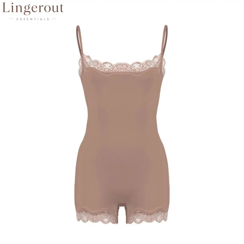 Lace Trim Adjustable Strap Seamless Shaping Bodysuit Short - Khaki/khaki / XS
